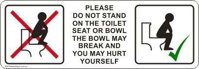 Please do not stand on the toilet seat or bowl, the bowl may break and you may hurt yourself Safety Sticker