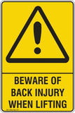 BEWARE OF BACK INJURY WHEN LIFTING Safety Signs and Stickers