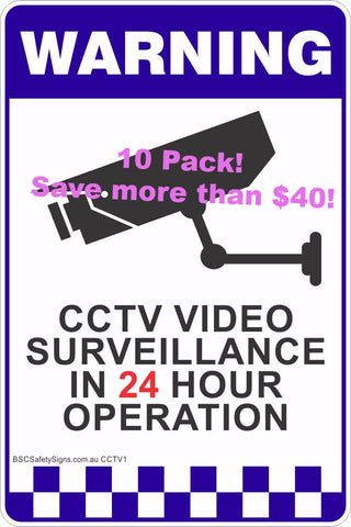(10 Pack) CCTV Video Surveillance In 24 Hour Operation Stickers A4 Size