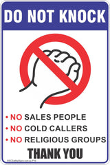 Do Not Knock No Sales People No Cold Callers No Religious Groups Safety Sign