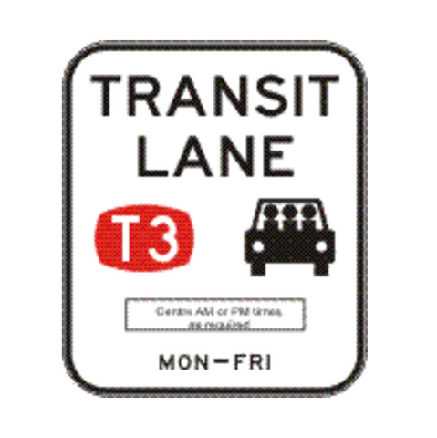 TRANSIT LANE (T3) (Single Period - times as required) 1200 x 1400 R7-7-5 Road Sign